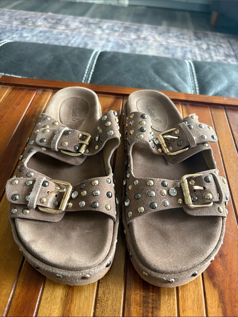 Saint G Studded Suede Double Buckle Slide Sandals EU 38